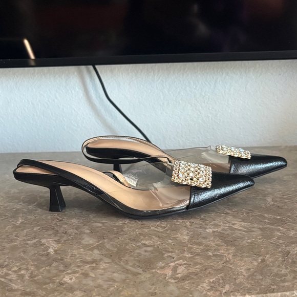 Black Pointed Slingback Heels with Gold Crystal Buckle - Picture 2 of 4